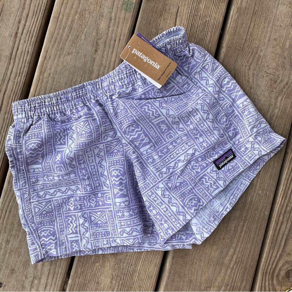 Patagonia Girls' Baggies Shorts Mud Paint: Beluga Aztec Purple M 10 - Picture 8 of 8